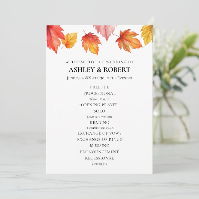 Falling Autumn Leaves Fall Wedding Ceremony Programme (Standing Front)