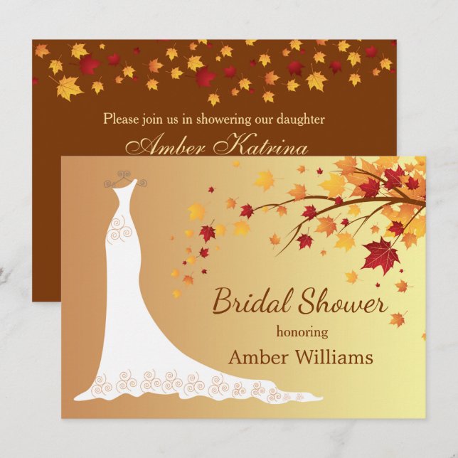 Falling autumn leaves, wedding gown Bridal Shower Invitation (Front/Back)