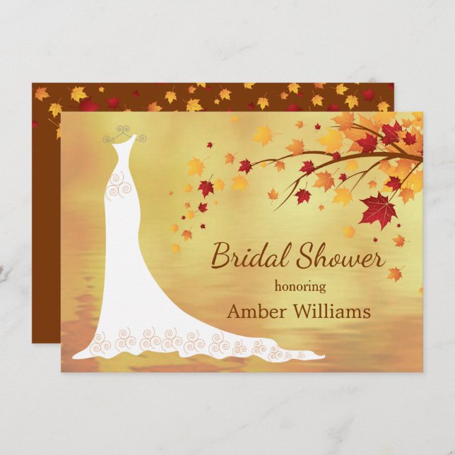 Falling autumn leaves, wedding gown Bridal Shower Invitation (Front/Back)