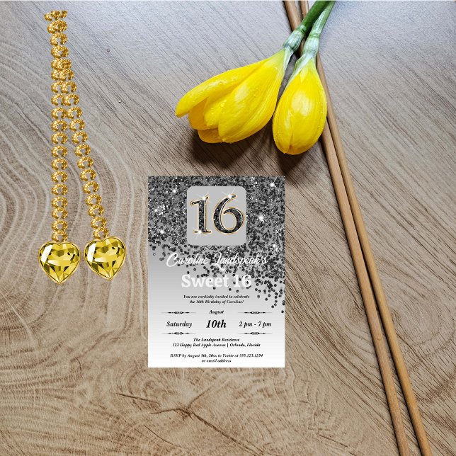 Falling Black Glitter Sweet 16 Birthday Invitation (Creator Uploaded)