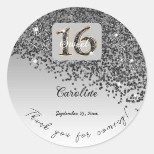 Falling Black Glitter, Sweet 16 Thanks Classic Round Sticker
