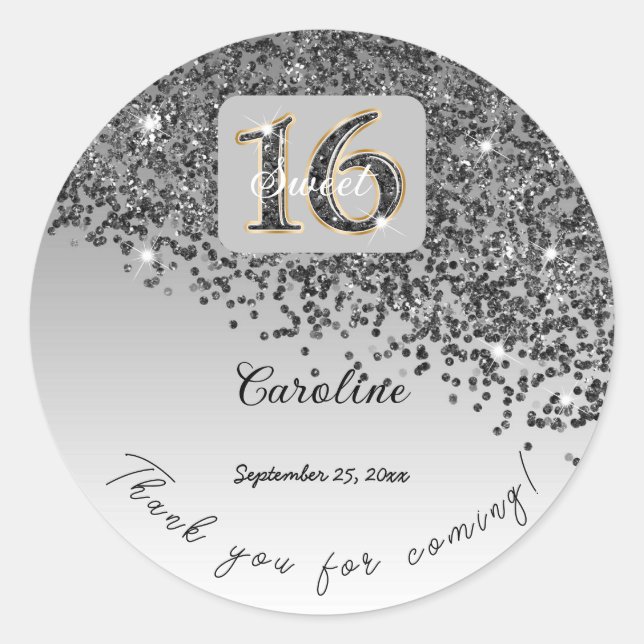 Falling Black Glitter, Sweet 16 Thanks Classic Round Sticker (Front)