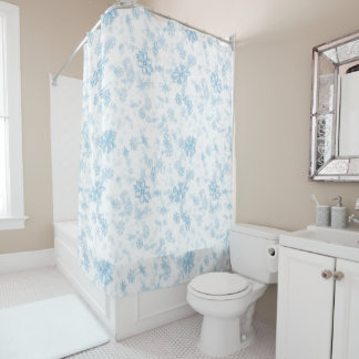 Falling Blue Snowflakes on White Shower Curtain