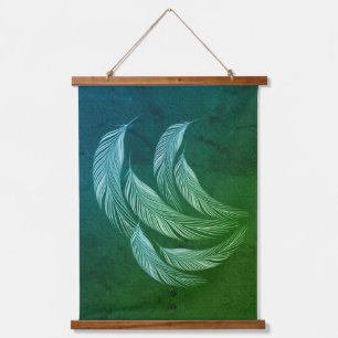 Falling Colourful Feathers Green Hanging Tapestry