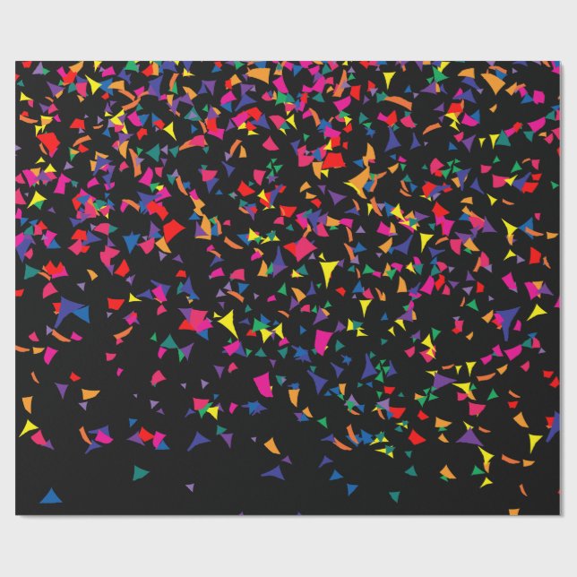 Falling Confetti - Rainbow Colours on Black v3 Wrapping Paper (Flat)