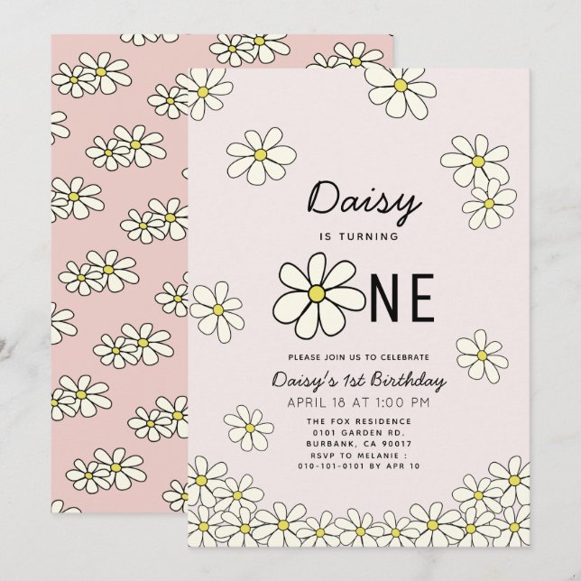 Falling Daisies Floral Pink 1st Birthday Invitation (Front/Back)