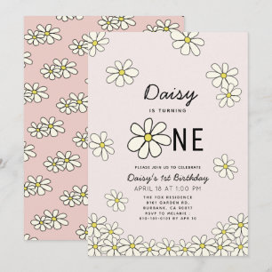 Falling Daisies Floral Pink 1st Birthday Invitation