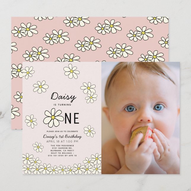 Falling Daisies Floral Pink Photo 1st Birthday Invitation (Front/Back)