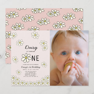 Falling Daisies Floral Pink Photo 1st Birthday Invitation