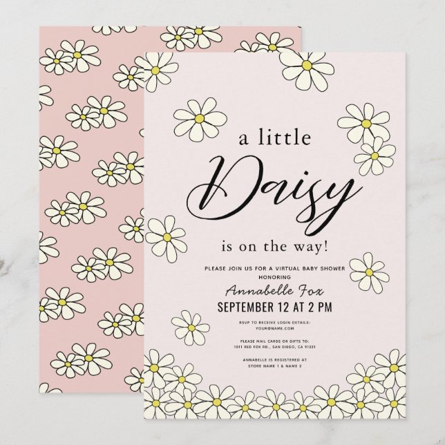 Falling Daisies Floral Pink Virtual Baby Shower Invitation (Front/Back)