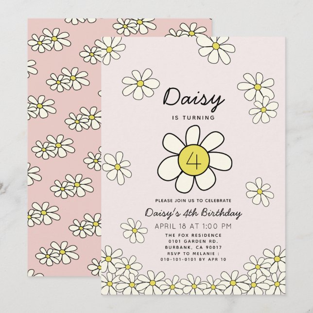 Falling Daisies Pink Floral Birthday Invitation (Front/Back)