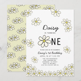 Falling Daisies White Floral 1st Birthday Invitation