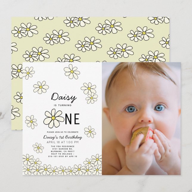 Falling Daisies White Floral Photo 1st Birthday Invitation (Front/Back)