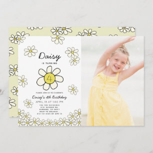 Falling Daisies White Floral Photo Birthday Invitation