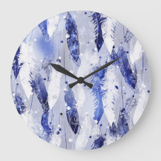 Falling feathers: watercolor blue pattern. large clock