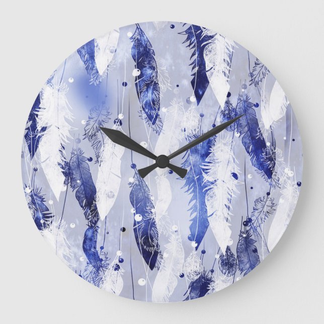 Falling feathers: watercolor blue pattern. large clock (Front)