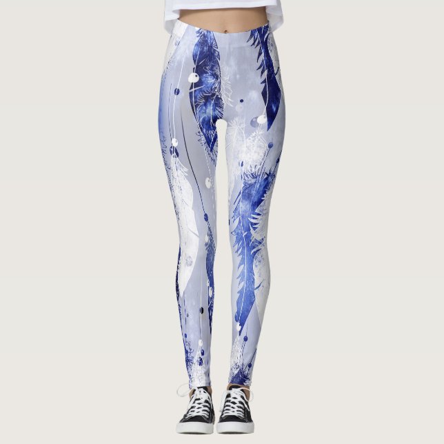 Falling feathers: watercolor blue pattern. leggings (Front)