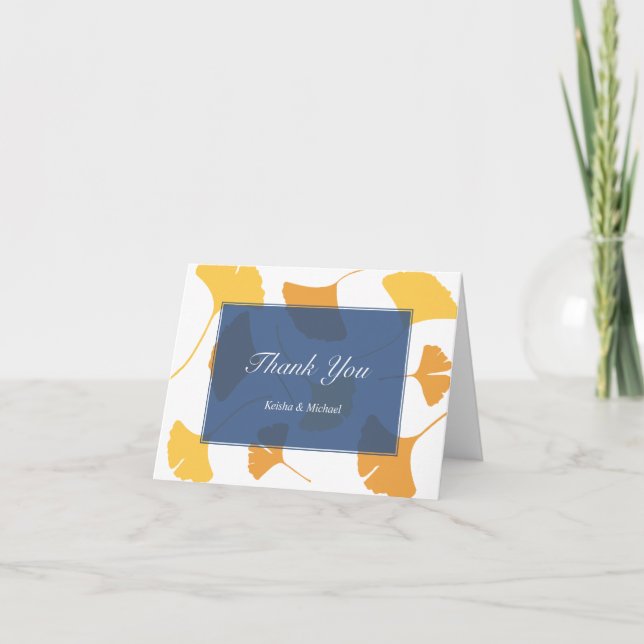 Falling ginkgo leaves blue couple thank you note card (Front)
