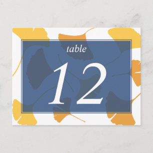Falling ginkgo leaves blue table number card