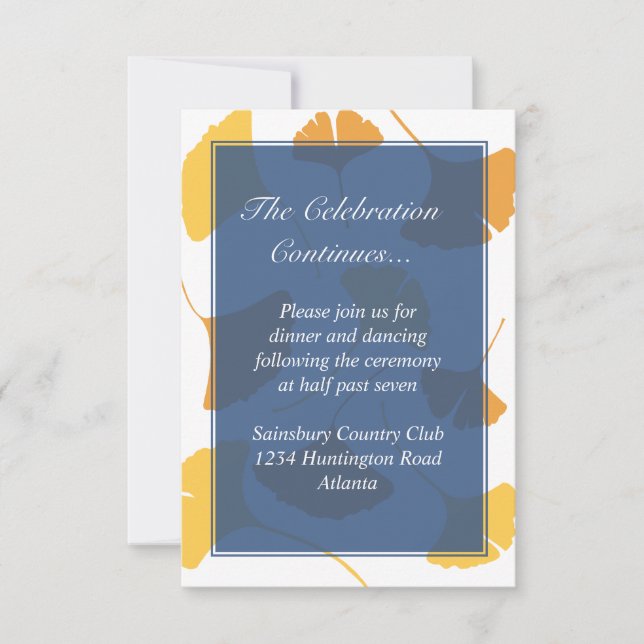 Falling ginkgo leaves blue wedding enclosure invitation (Front)