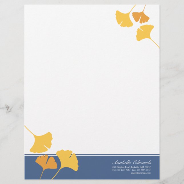 Falling ginkgo leaves golden yellow blue autumn customised letterhead (Front)