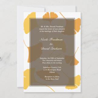 Falling ginkgo leaves grey golden autumn wedding invitation