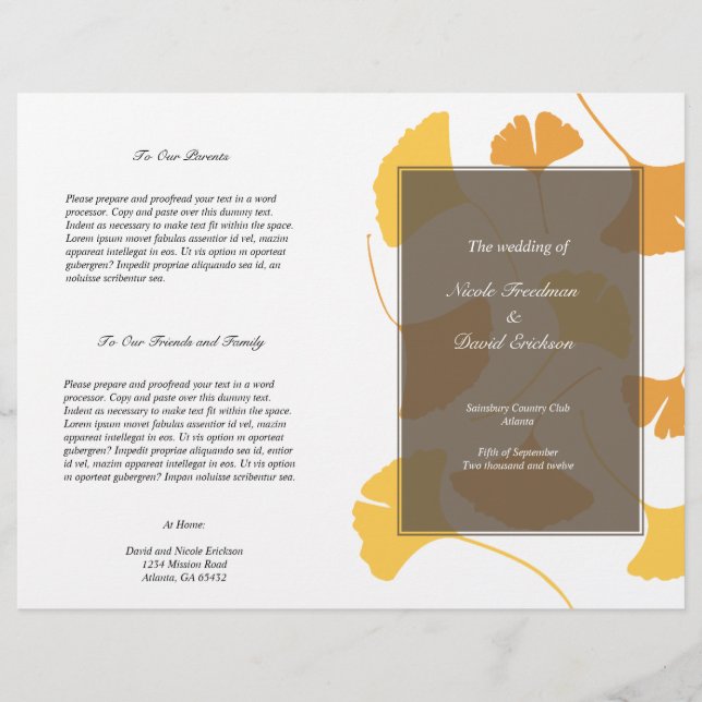 Falling ginkgo leaves grey golden wedding program (Front)