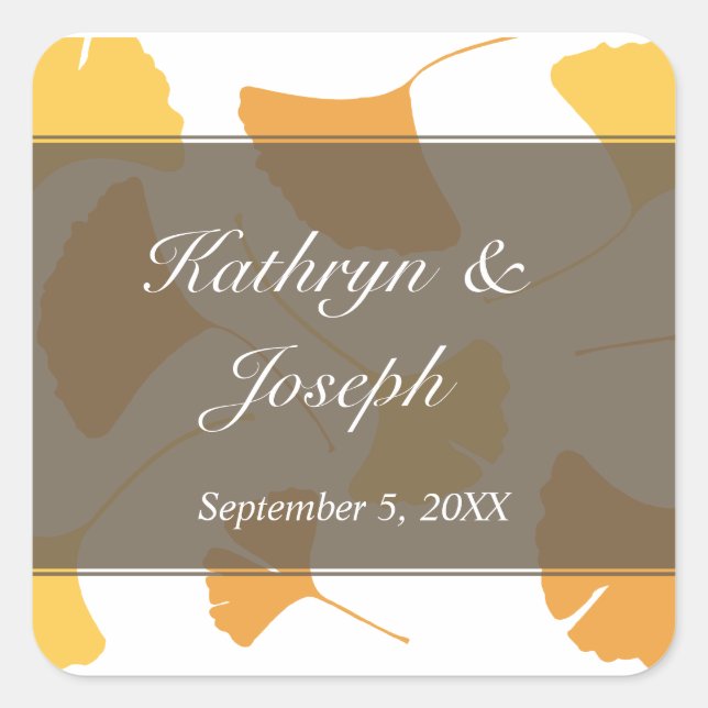 Falling ginkgo leaves grey wedding favour square sticker (Front)