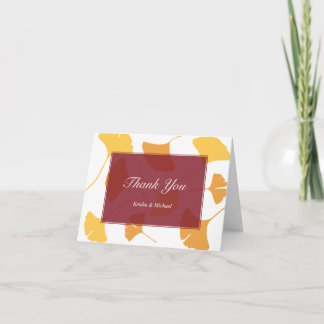 Falling ginkgo leaves maroon couple thank you note card