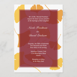 Falling ginkgo leaves maroon golden autumn wedding invitation