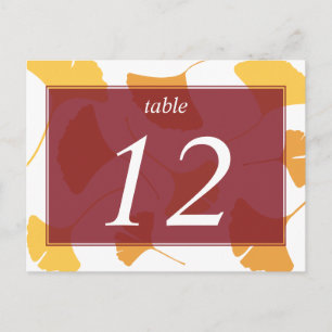 Falling ginkgo leaves maroon table number card