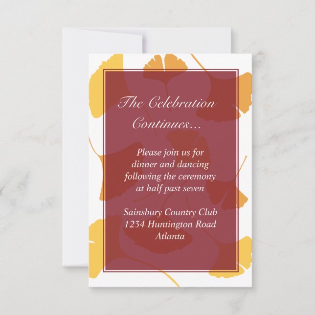 Falling ginkgo leaves maroon wedding enclosure invitation (Front)