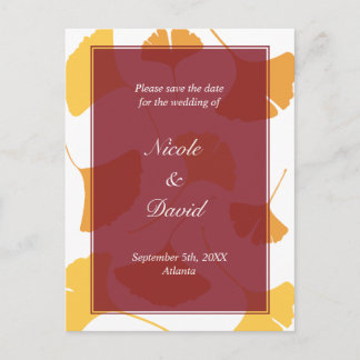 Falling ginkgo leaves maroon wedding save the date announcement postcard