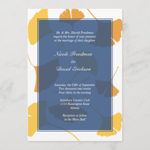 Falling ginkgo leaves navy golden autumn wedding invitation