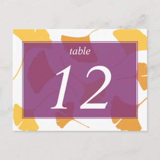 Falling ginkgo leaves purple table number card