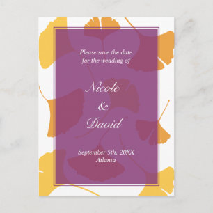 Falling ginkgo leaves purple wedding save the date announcement postcard