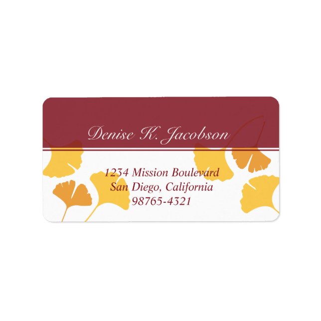Falling ginkgo leaves yellow maroon return address label (Front)