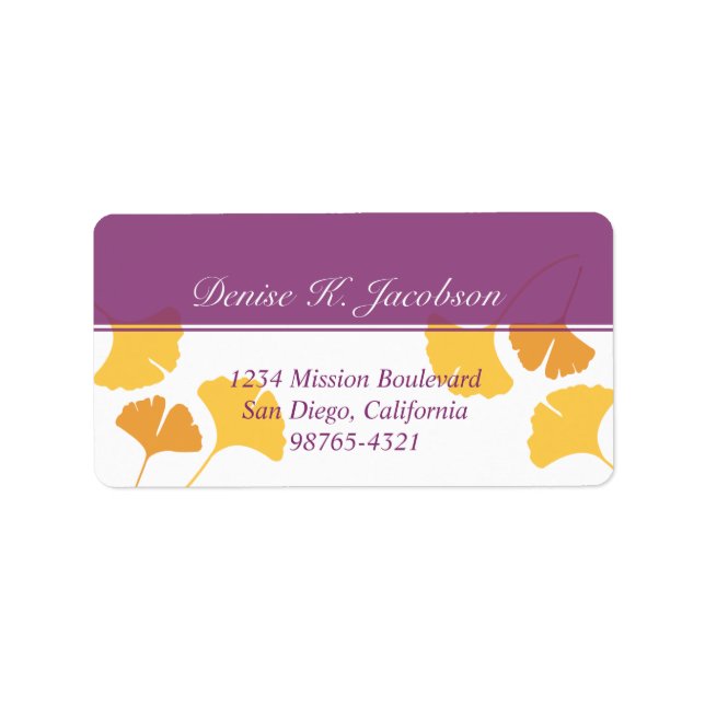 Falling ginkgo leaves yellow purple return address label (Front)