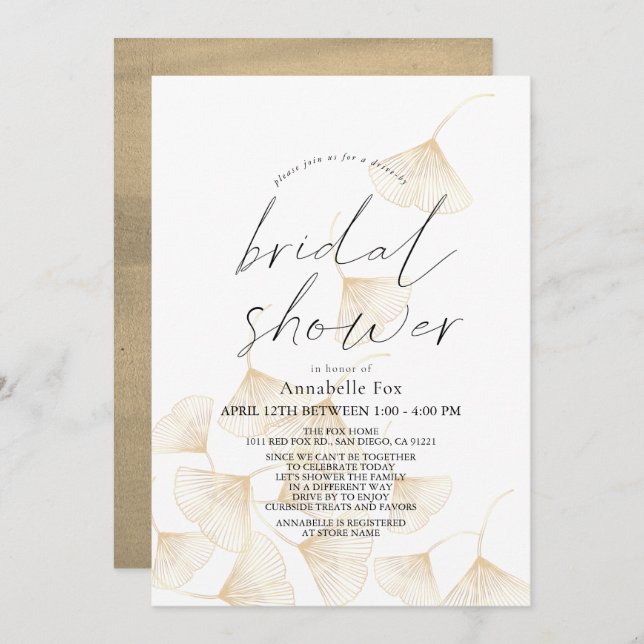 Falling Gold Ginkgo Leaves Drive-by Bridal Shower Invitation (Front/Back)