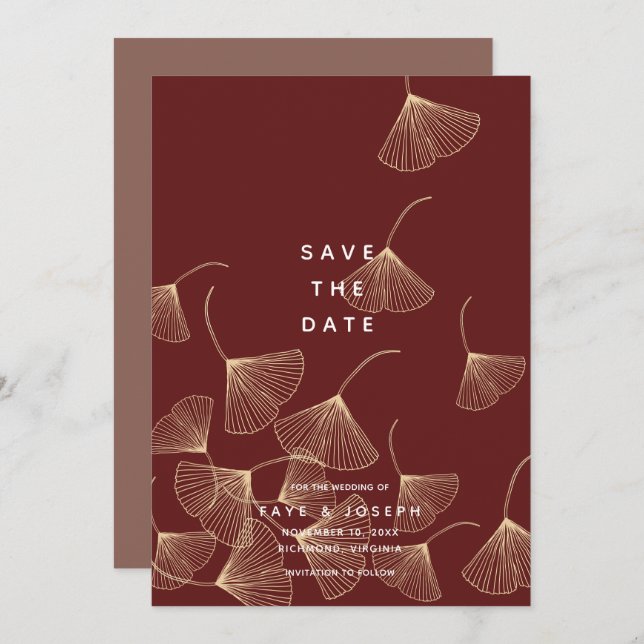 Falling Gold Ginkgo Leaves Save the Date Card (Front/Back)