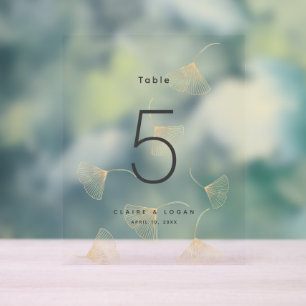 Falling Gold Ginkgo Leaves Wedding Table Number Acrylic Sign