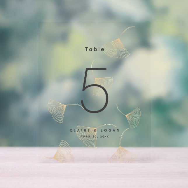 Falling Gold Ginkgo Leaves Wedding Table Number Acrylic Sign (Neutral)