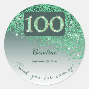 Falling Green Glitter, 100th Birthday Thanks Classic Round Sticker