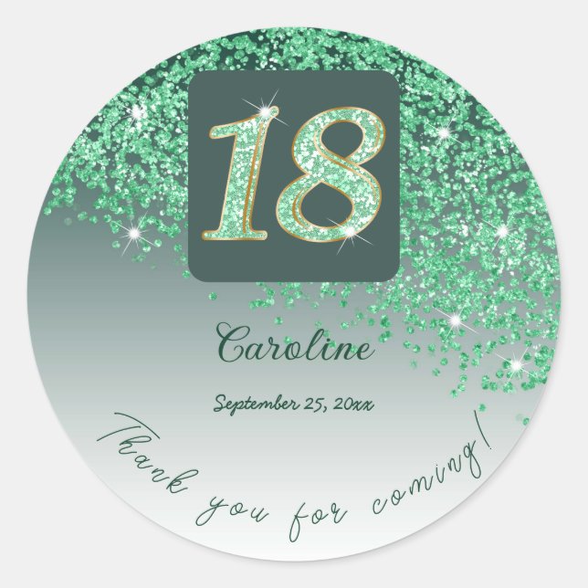 Falling Green Glitter, 18th Birthday Thanks Classic Round Sticker (Front)