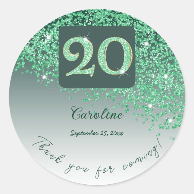 Falling Green Glitter, 20th Birthday Thanks Classic Round Sticker (Front)
