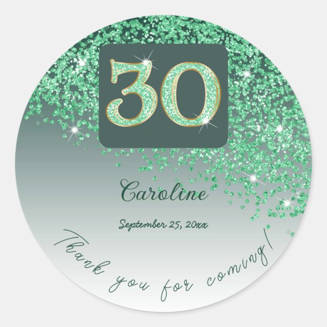 Falling Green Glitter, 30th Birthday Thanks Classic Round Sticker (Front)
