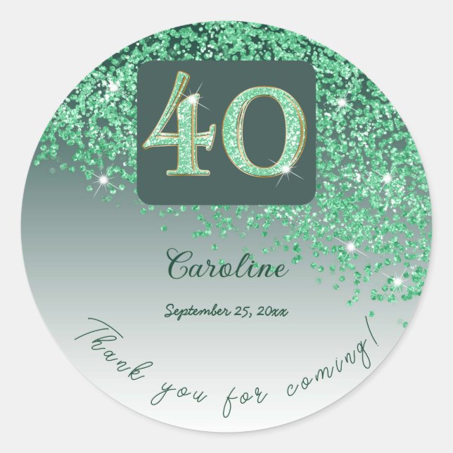 Falling Green Glitter,40th Birthday Thanks Classic Round Sticker (Front)