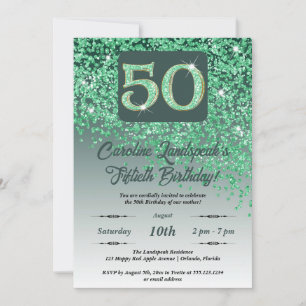 Falling Green Glitter 50th Birthday Party Invitation