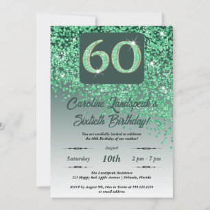 Falling Green Glitter 60th Birthday Party Invitation