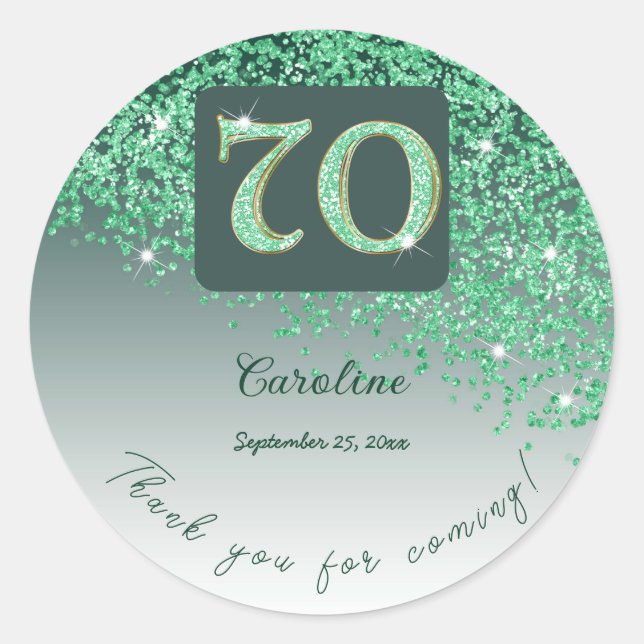 Falling Green Glitter, 70th Birthday Thanks Classic Round Sticker (Front)